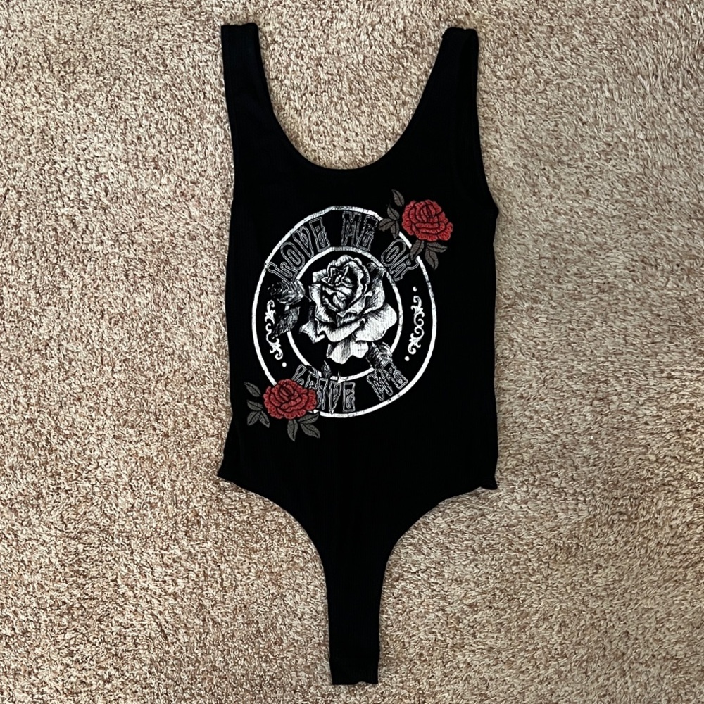 “Love Me Or Leave Me” Black Bodysuit with Rose Graphic